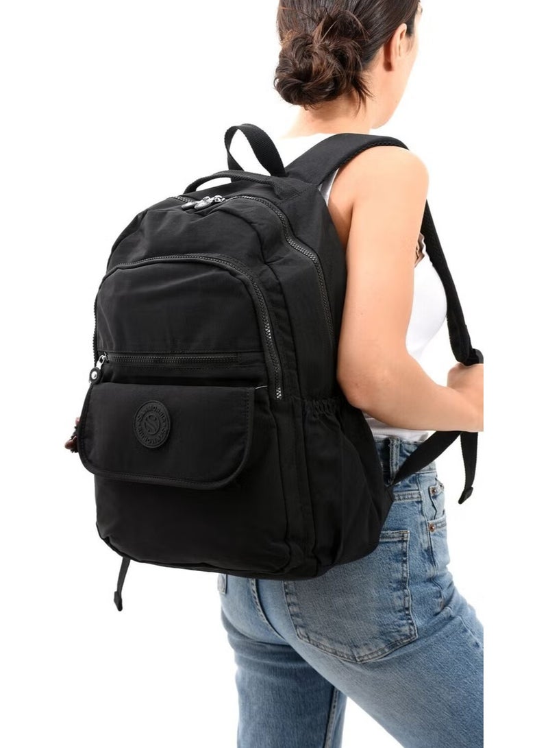 Sanmorris Unisex Water Resistant Crinkle Fabric Laptop Compartment Black Color Large Size School Travel Backpack - Image 1